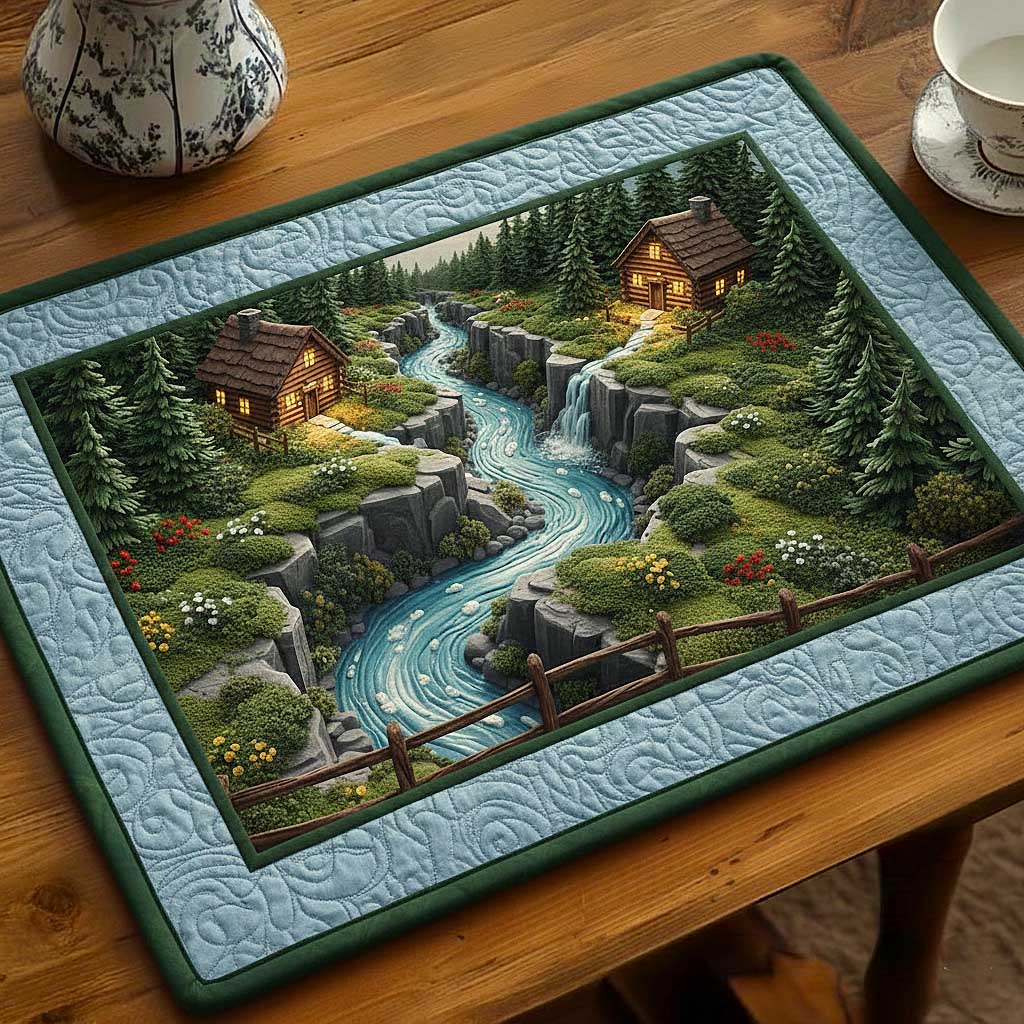 Meadow Cabin quilted placemats – cabins by a stream