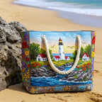 Woman carrying the Lighthouse Shine quilted beach bag along the shore