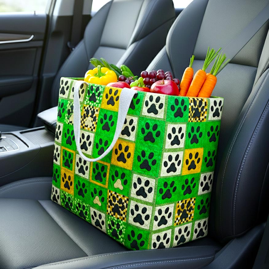 Paw Parade Green quilted shopping bag – green paw squares