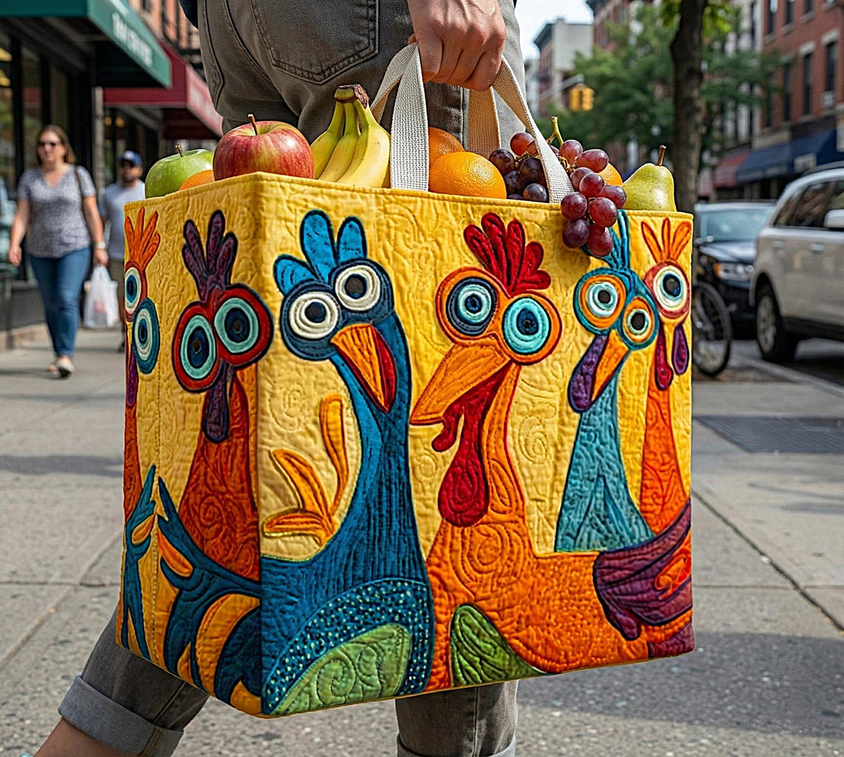 Chicken Fun Gold quilted shopping bag – chickens on mustard