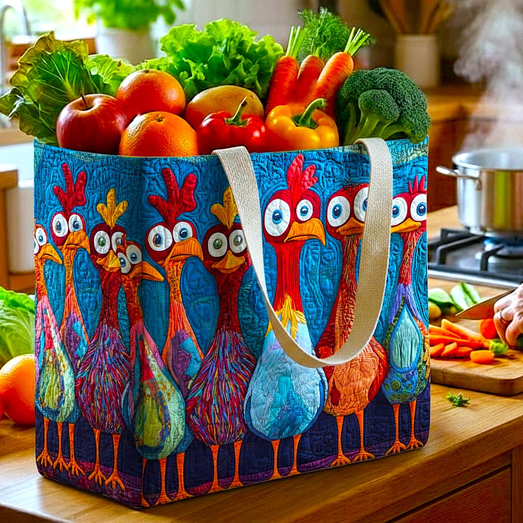 Cheeky Chicken Parade quilted shopping bag – funny chickens on blue