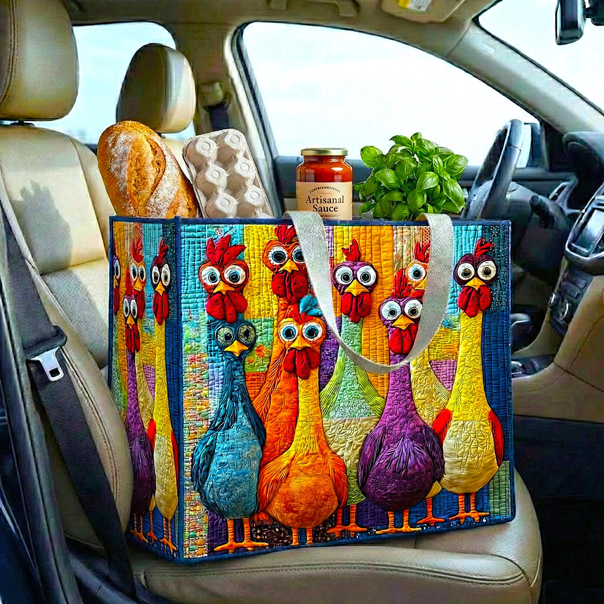 Funny Chicken Brights quilted shopping bag – rainbow chickens