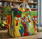 Cheeky Chicken Meadow quilted shopping bag – funny chickens on green