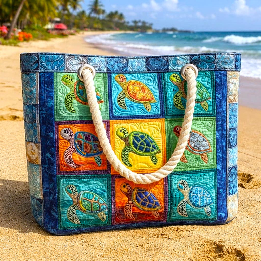 Quilted beach bag with the Tranquil Turtle design, sea turtles in pale blue-green water