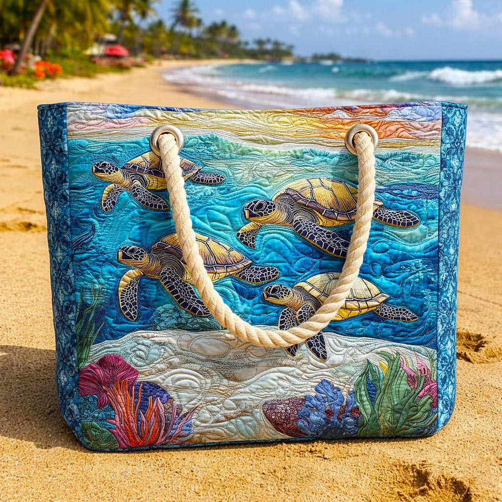 Quilted beach bag with the Marina Turtle design, an underwater scene of sea turtles and small fish