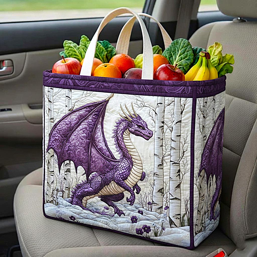 Dragon Lore Forest quilted shopping bag – purple dragon in birches