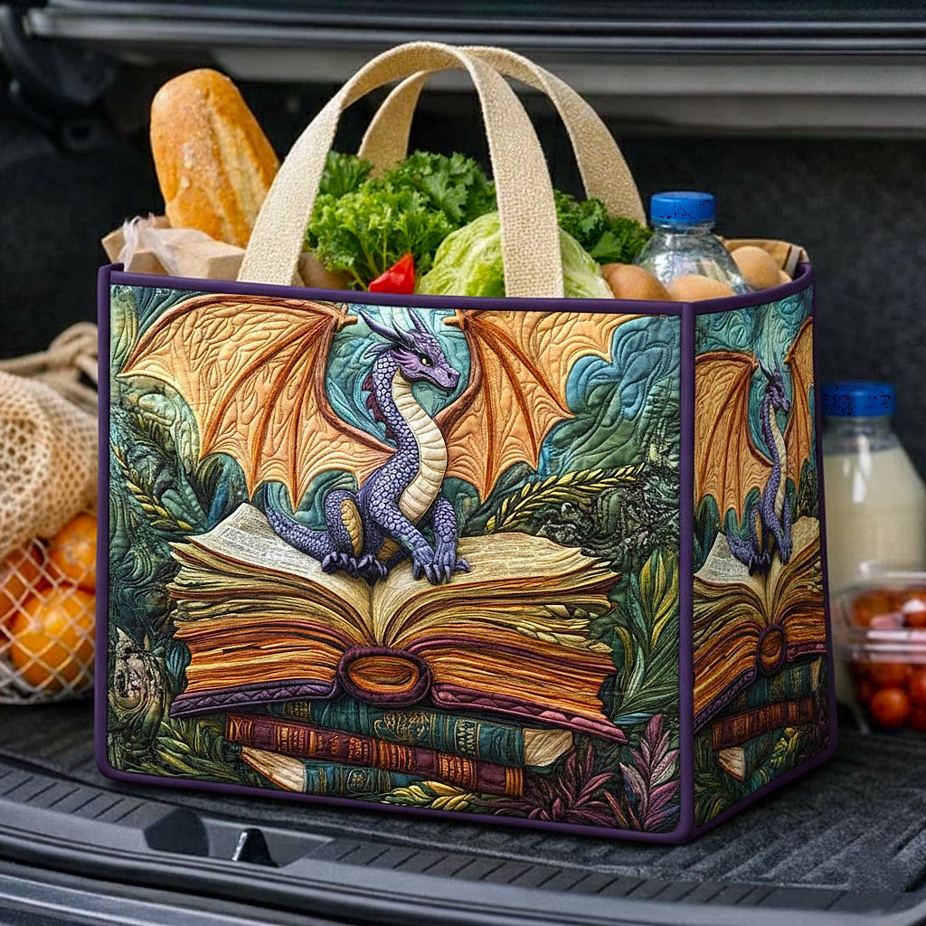 Dragon Library Gold quilted shopping bag – dragon on open book