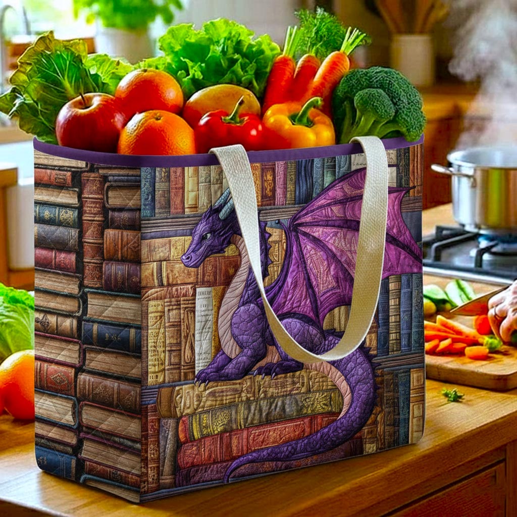 Dragon Lore Shelf quilted shopping bag – dragon on bookshelves