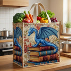 Dragon Pages quilted shopping bag – dragon on books