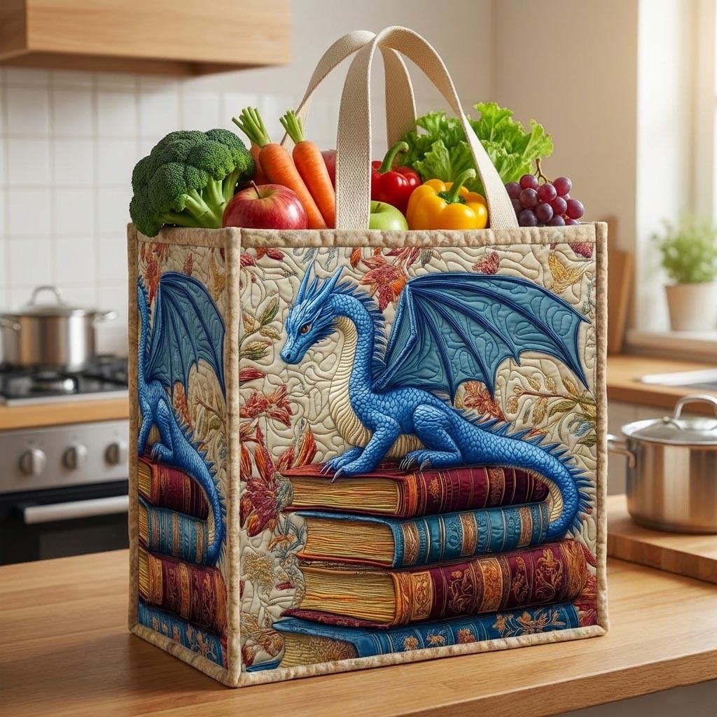 Dragon Pages quilted shopping bag – dragon on books