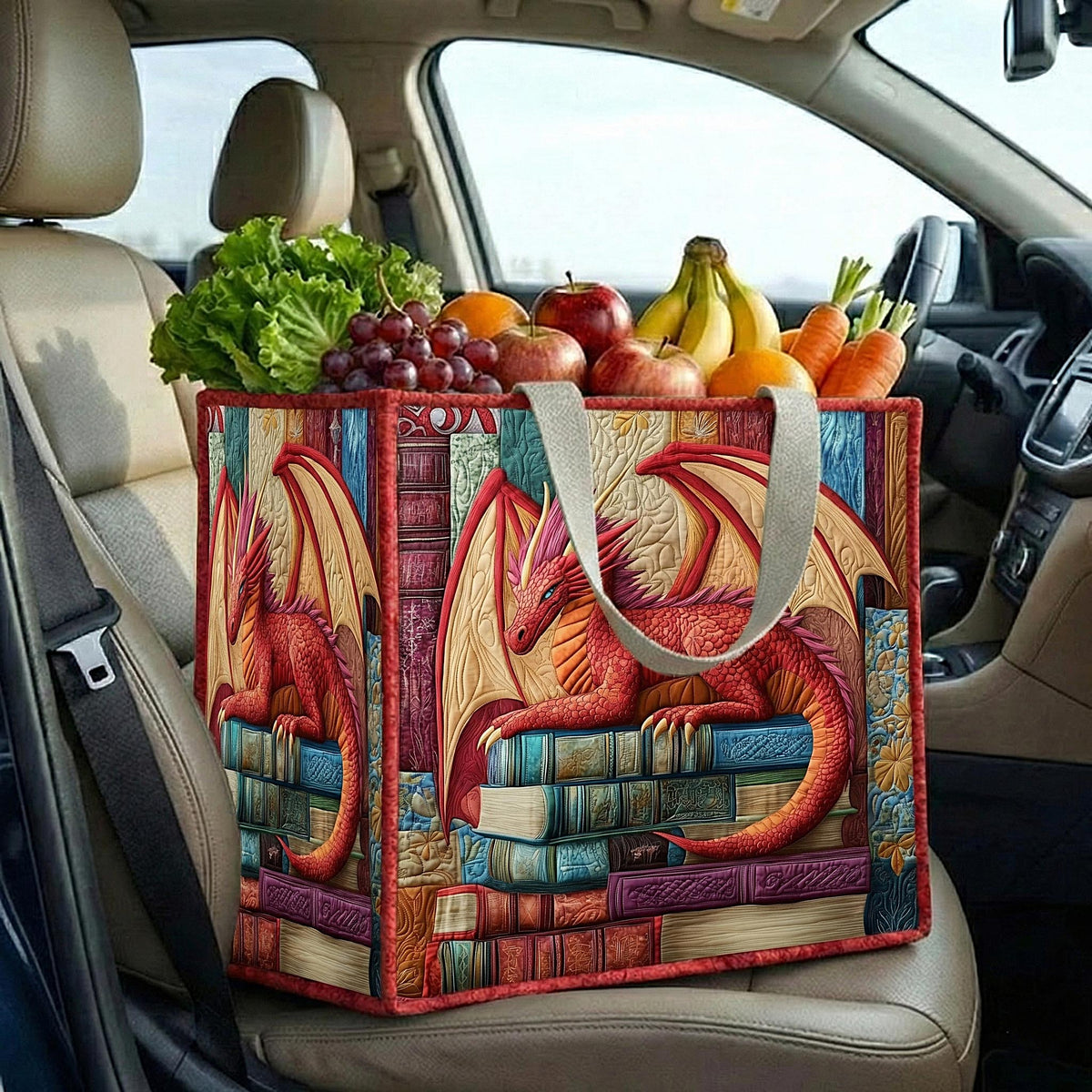 Dragon Library Red quilted shopping bag – red dragon on books