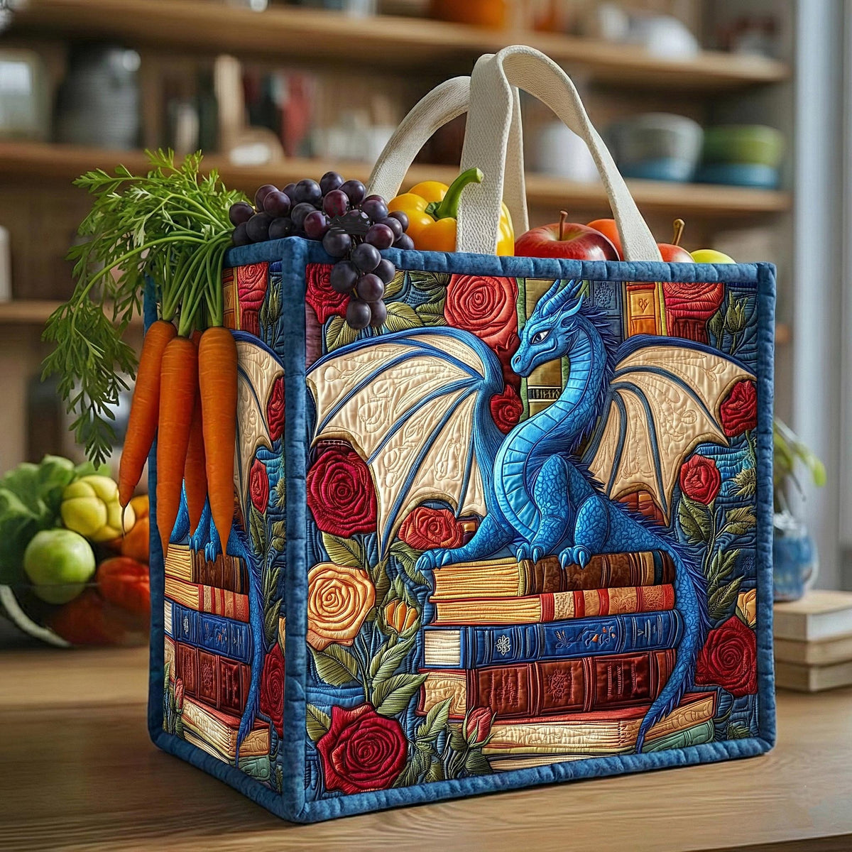 Dragon Lore Roses quilted shopping bag – dragon with roses
