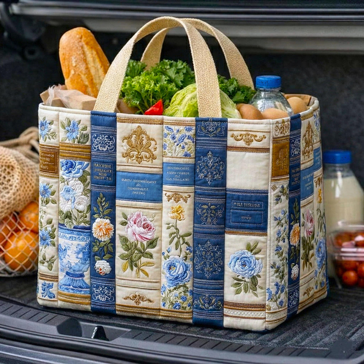Book Haven Blue quilted shopping bag – floral book spines