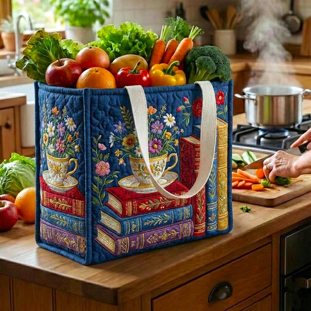 Quiet Pages quilted shopping bag – tea and books