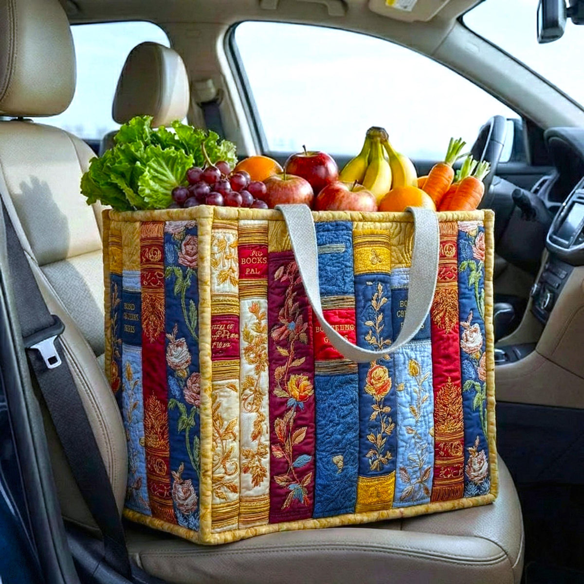 Cosy Books Library quilted shopping bag – book spines