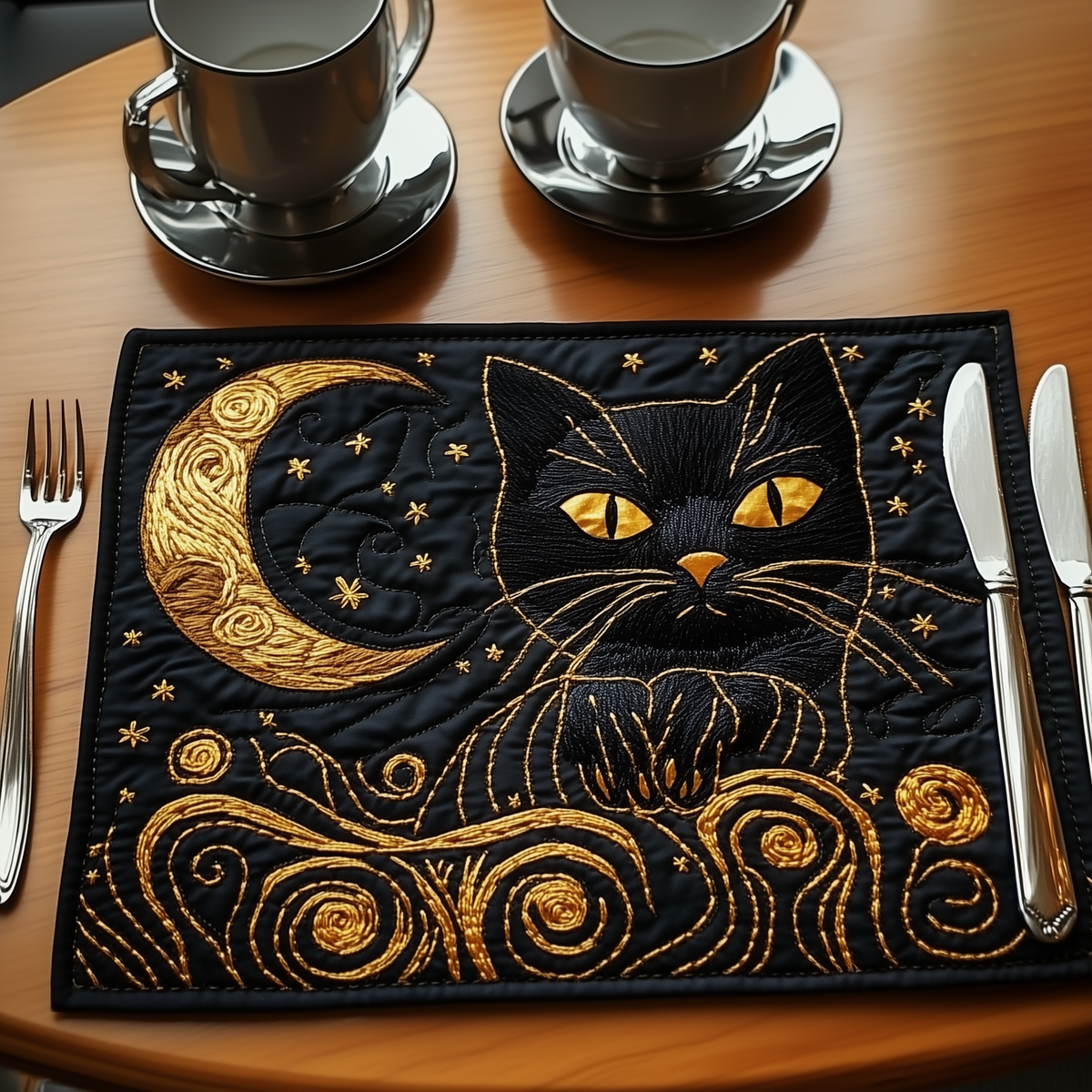Crescent Moon Cat quilted placemats – black cat by a crescent moon