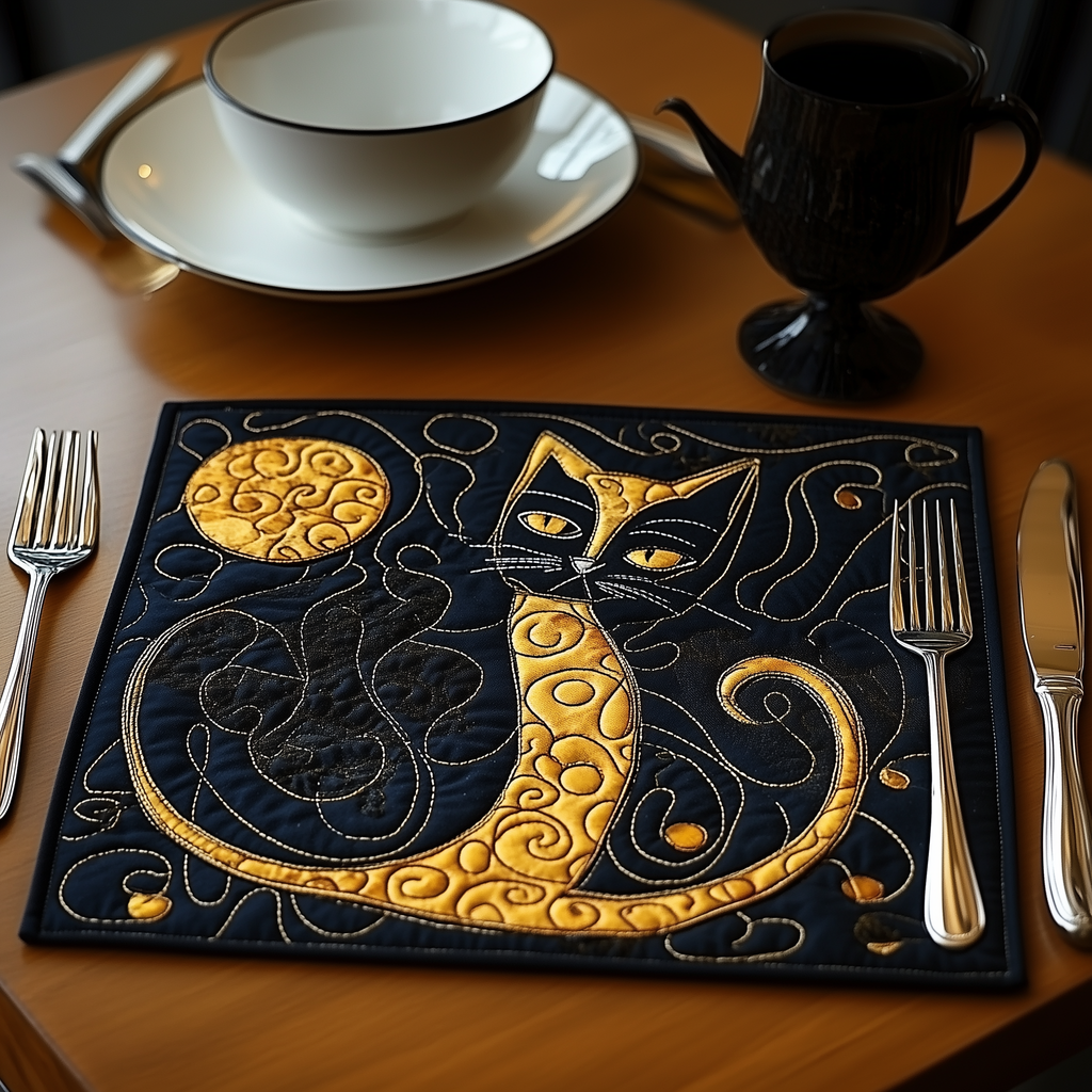 Golden Curl Cat quilted placemats – black cat with golden tail