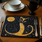 Golden Curl Cat quilted placemats – black cat with golden tail