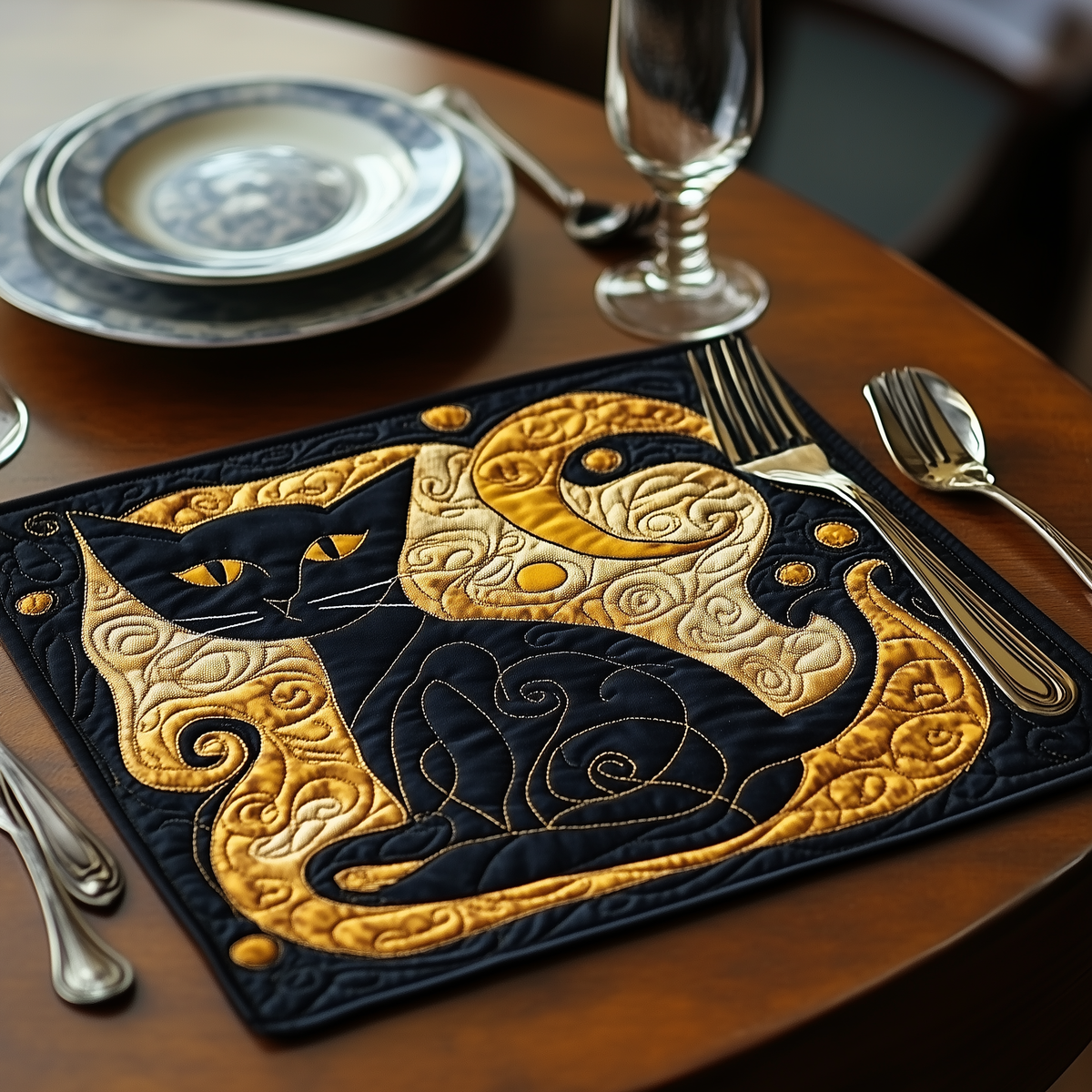 Gold Swirl Cat quilted placemats – black cat in golden swirls