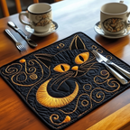 Moon Eyes Cat quilted placemats – black cat above a crescent moon