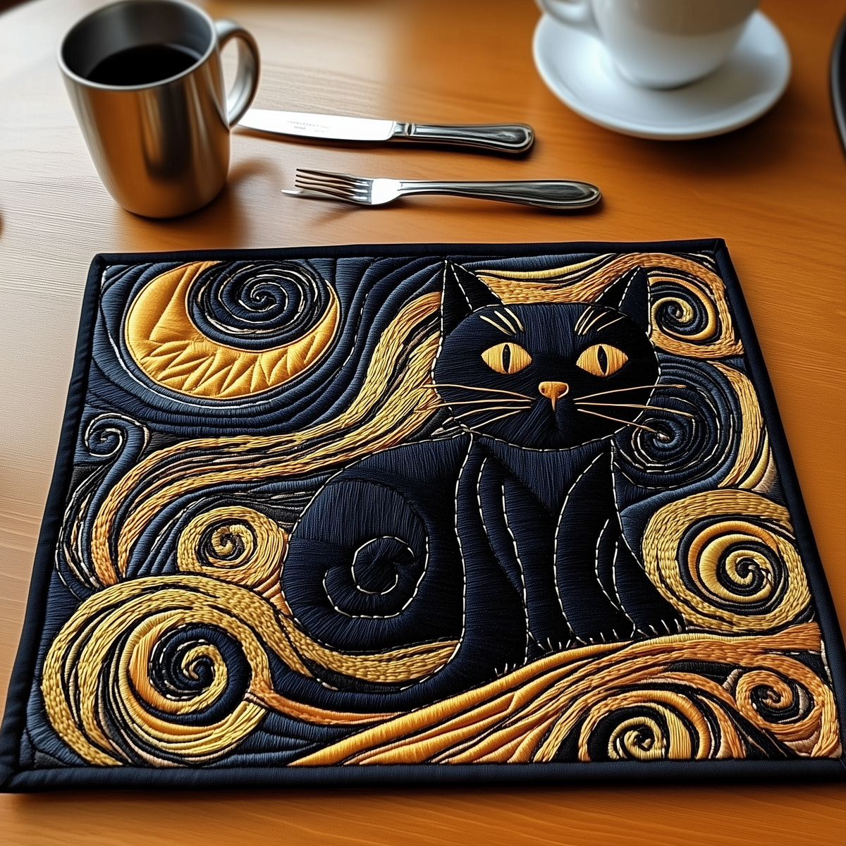 Starry Swirl Cat quilted placemats – black cat in golden swirls