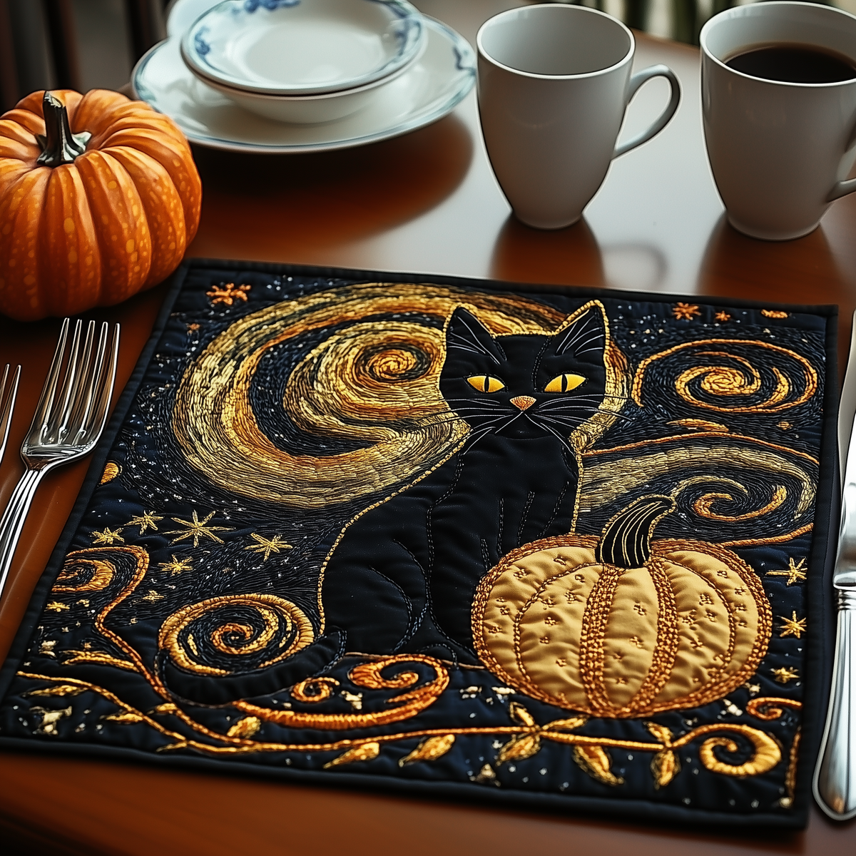 Starry Black Cat quilted placemats – black cat and pumpkin
