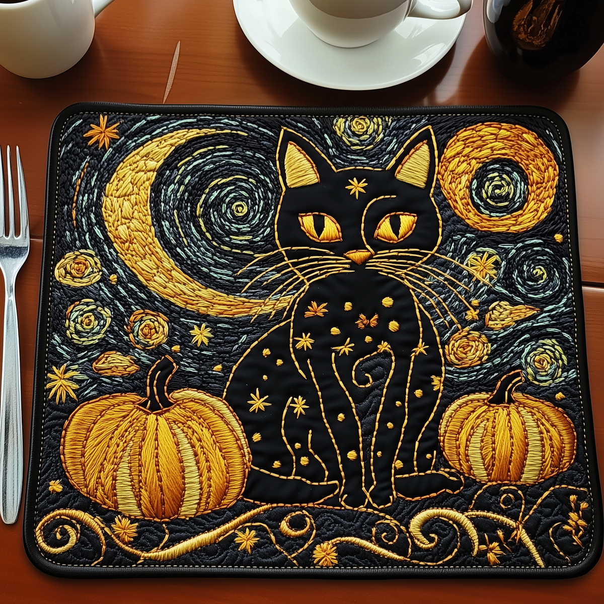 Golden Eyed Moon Cat quilted placemats – cat under crescent moon