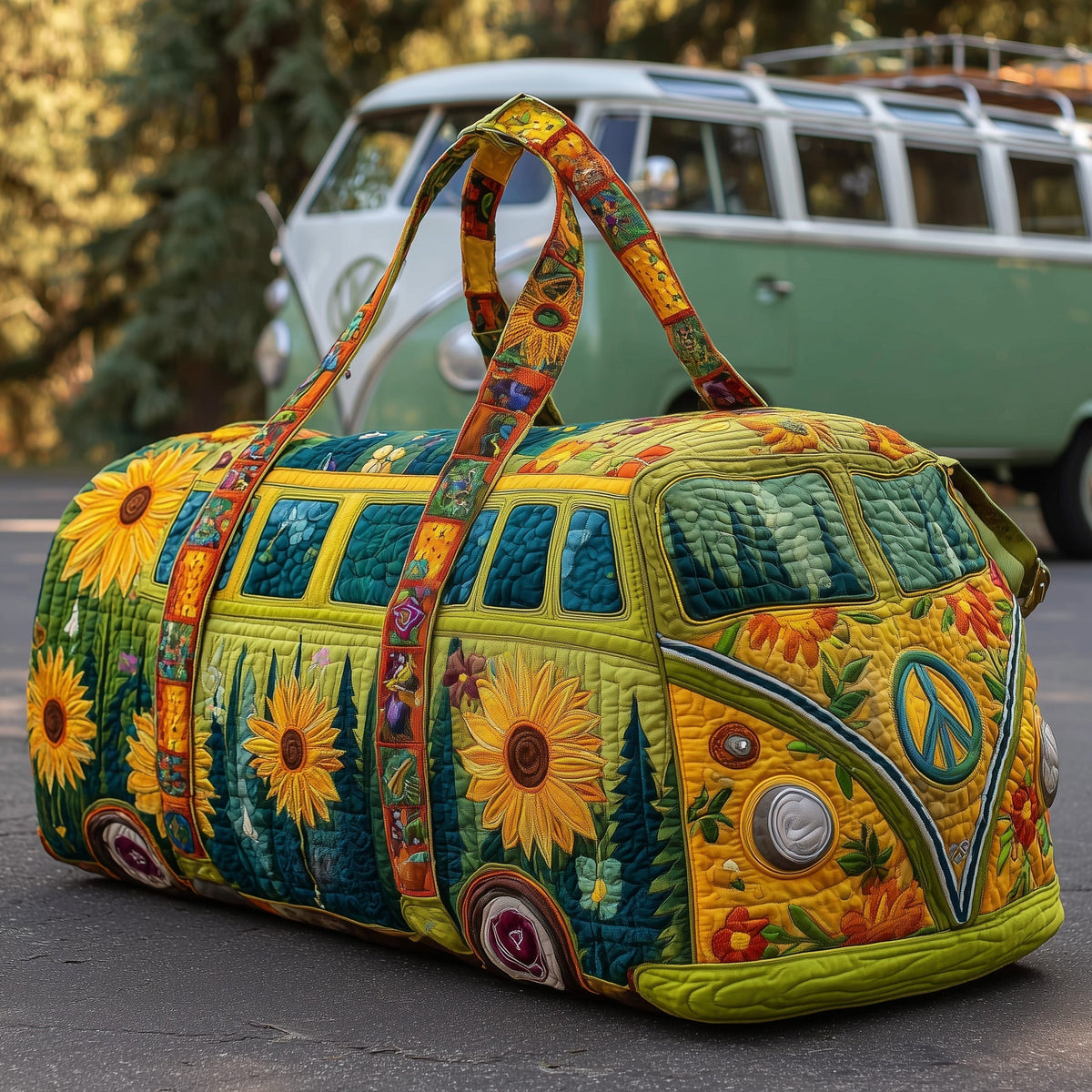 Sunflower Peace Van quilted weekend bag – sunflower camper van