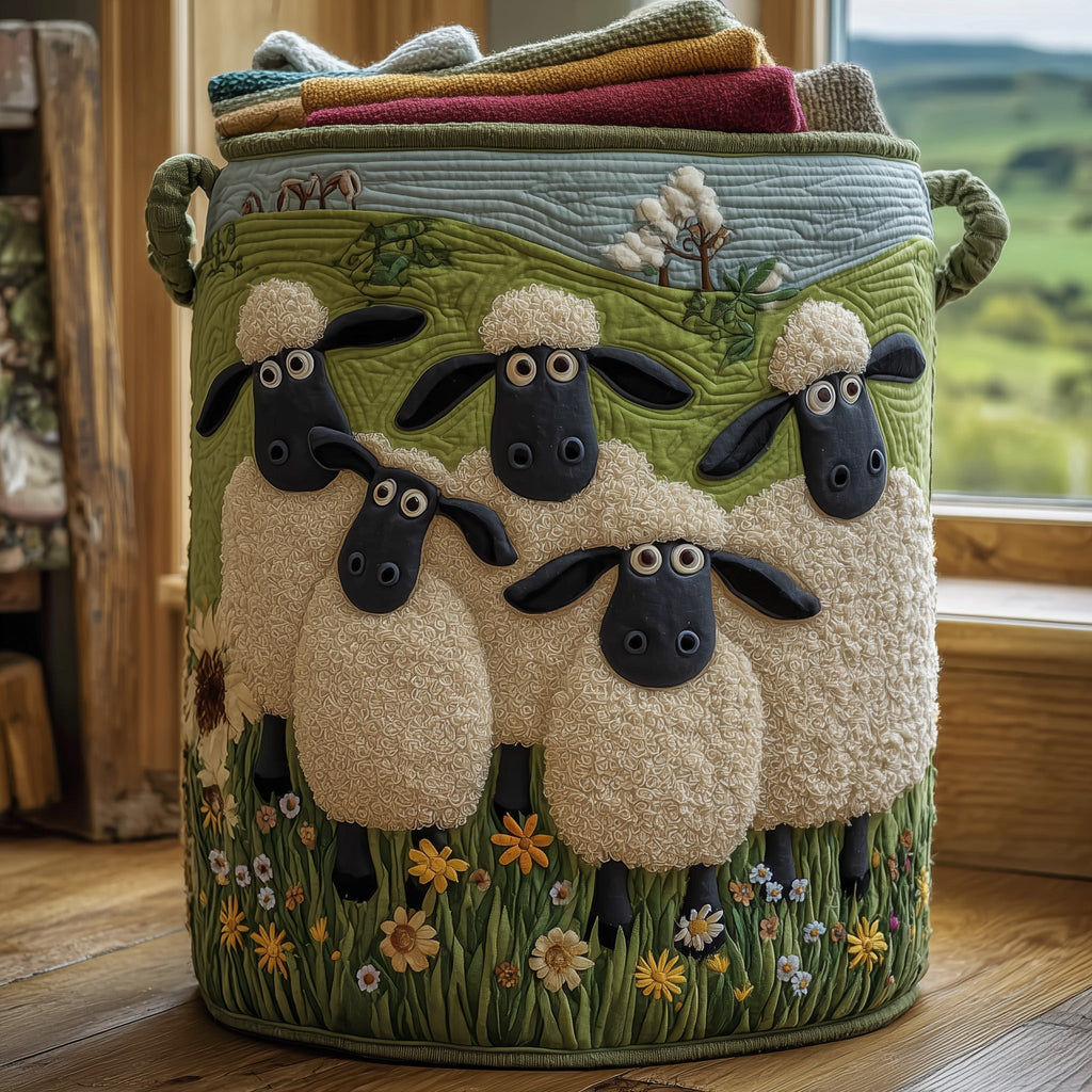 Quilted laundry basket with woolly sheep grazing across green hills and dry stone walls in the Sheep Heaven design