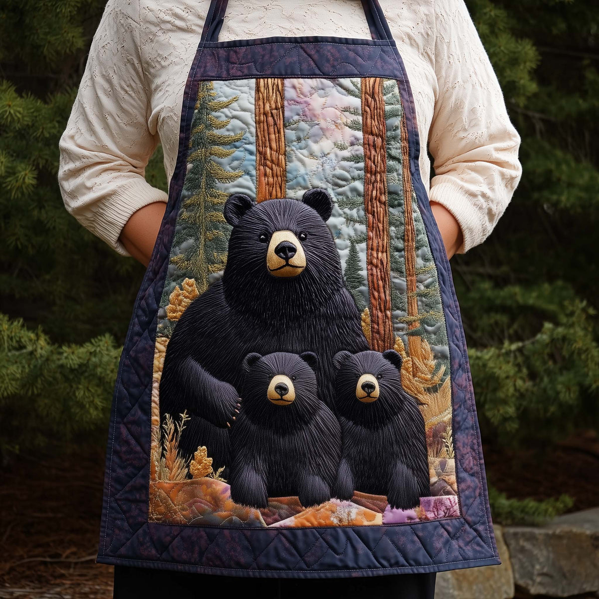 Forest Bear Trio quilted apron – bear and two cubs