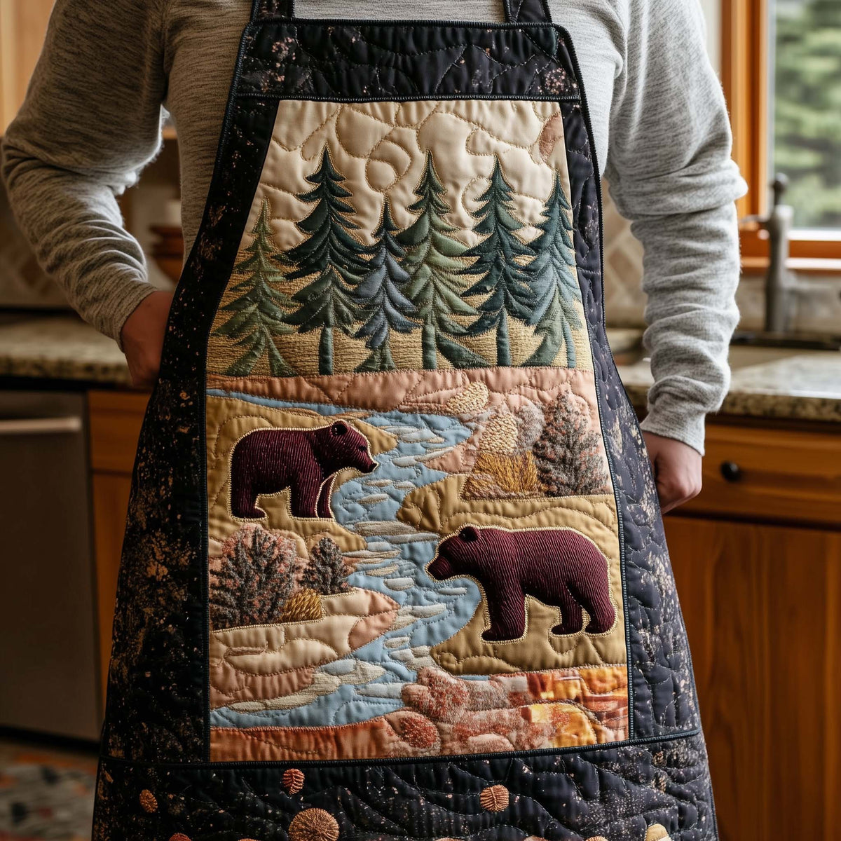 Pine Stream Bears quilted apron – bears crossing a stream
