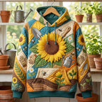 Sunflower Garden Tools quilted hoodie – sunflower and garden tools