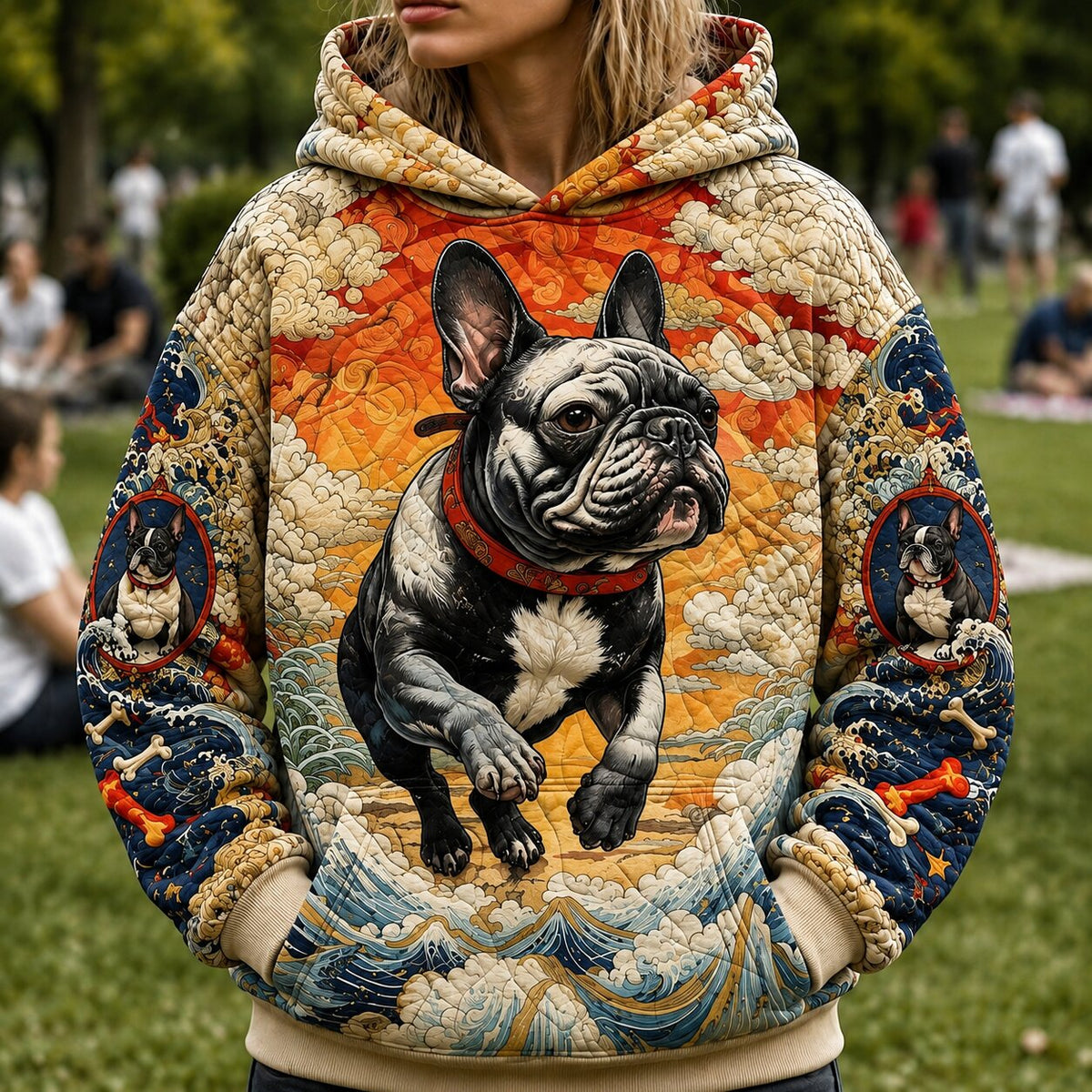 Wave Frenchie quilted hoodie – french bulldog leaping
