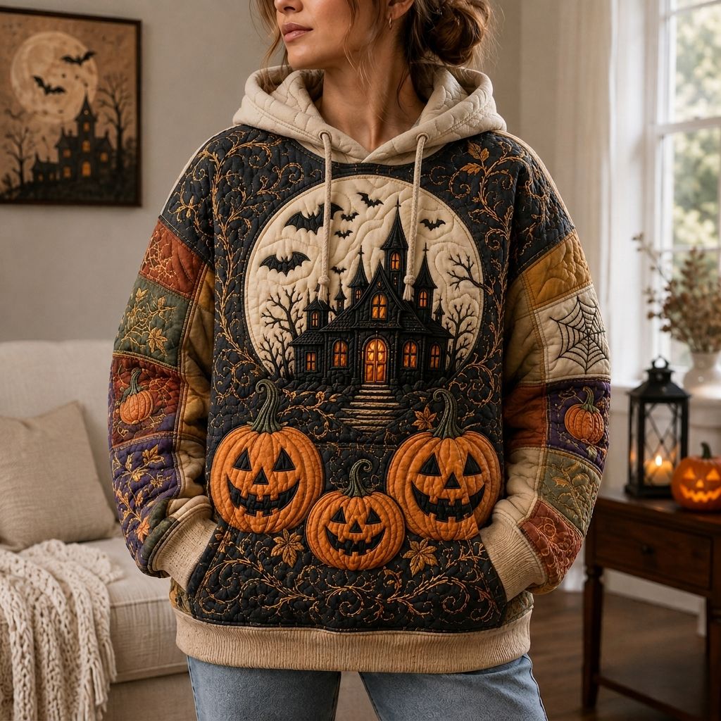 Pumpkin Haunted House quilted hoodie – pumpkins and haunted house