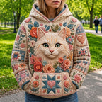 Cottage Cat quilted hoodie – cream cat with roses