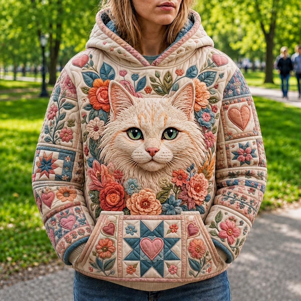 Cottage Cat quilted hoodie – cream cat with roses