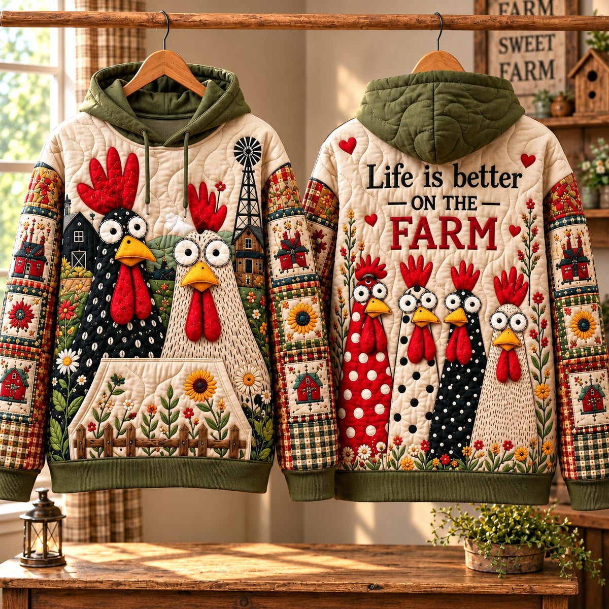 Farm Life Hens quilted hoodie – hens and farm lettering