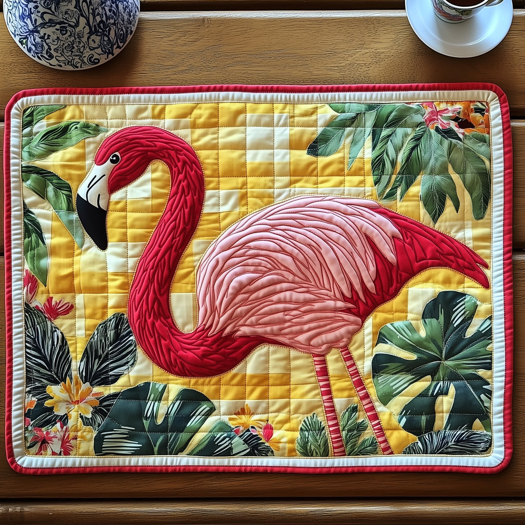 Tropical Flamingo quilted placemats – flamingo on yellow