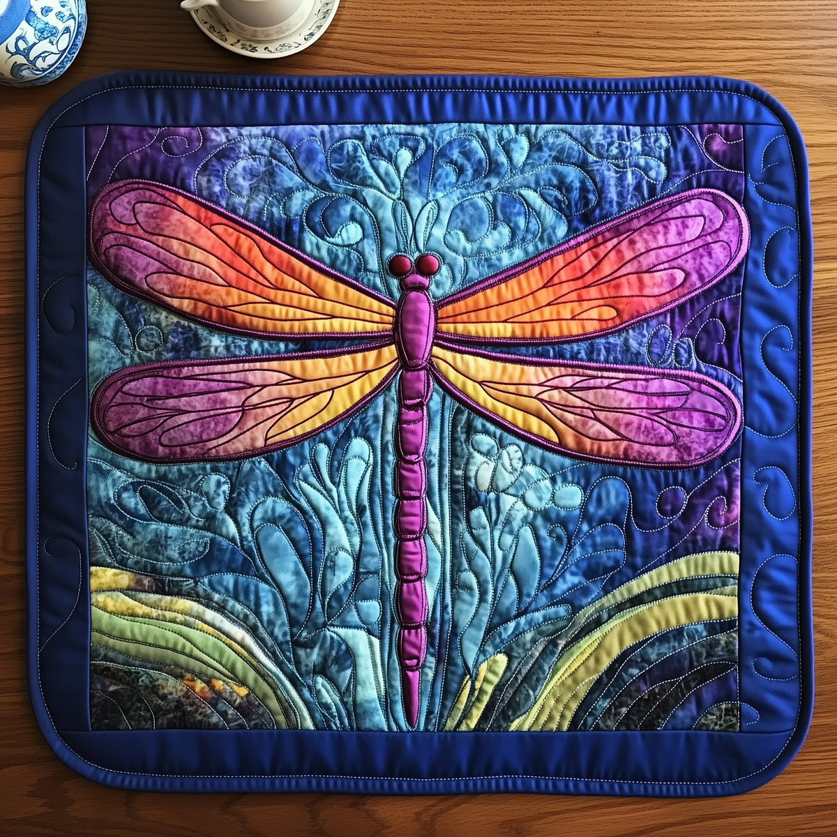 Celestial Dragonfly quilted placemats – dragonfly on blue swirls