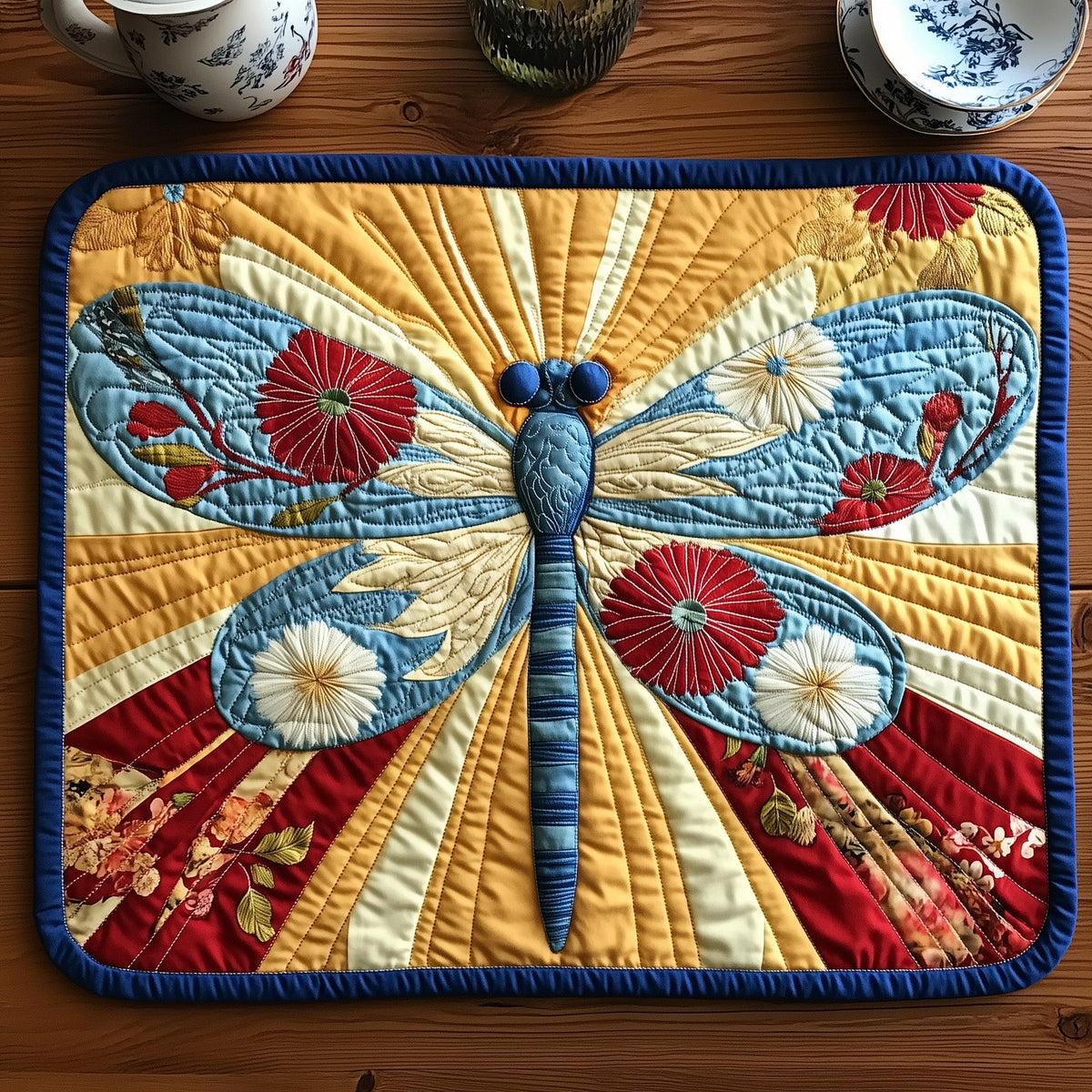 Sunburst Dragonfly quilted placemats – dragonfly on sunburst