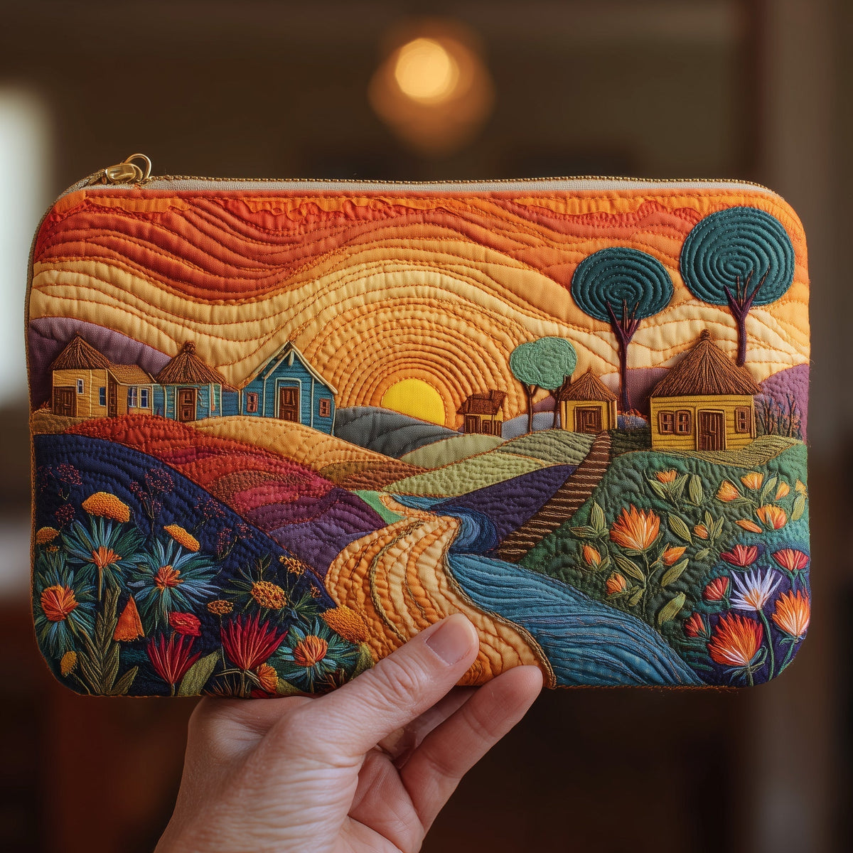 Sunset Village Path quilted purse – village path at sunset