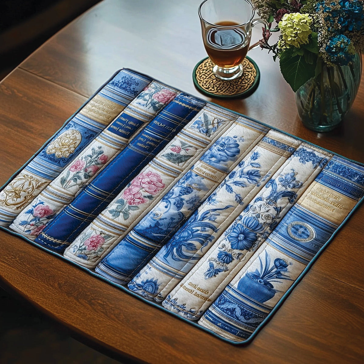 Blue Book Spines quilted placemats – blue and white book spines