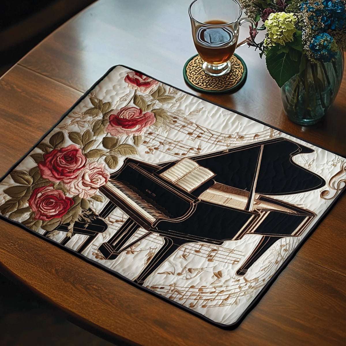 Grand Piano quilted placemats – grand piano and roses