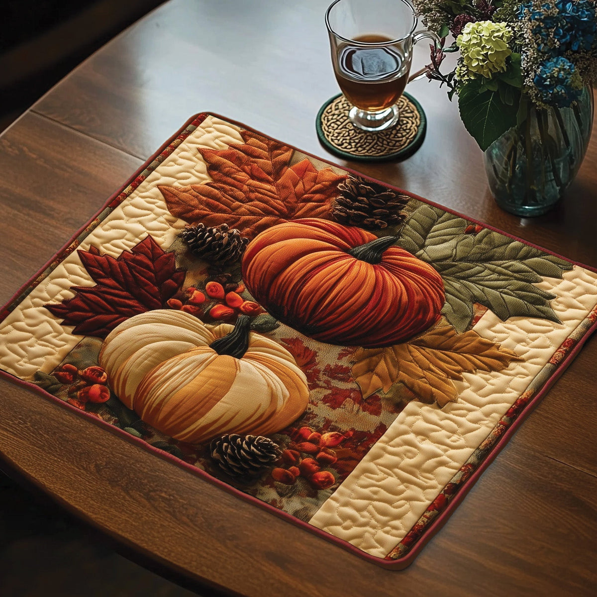 Pumpkin Harvest quilted placemats – pumpkins and leaves