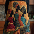 Golden Sisters quilted apron – three women on gold