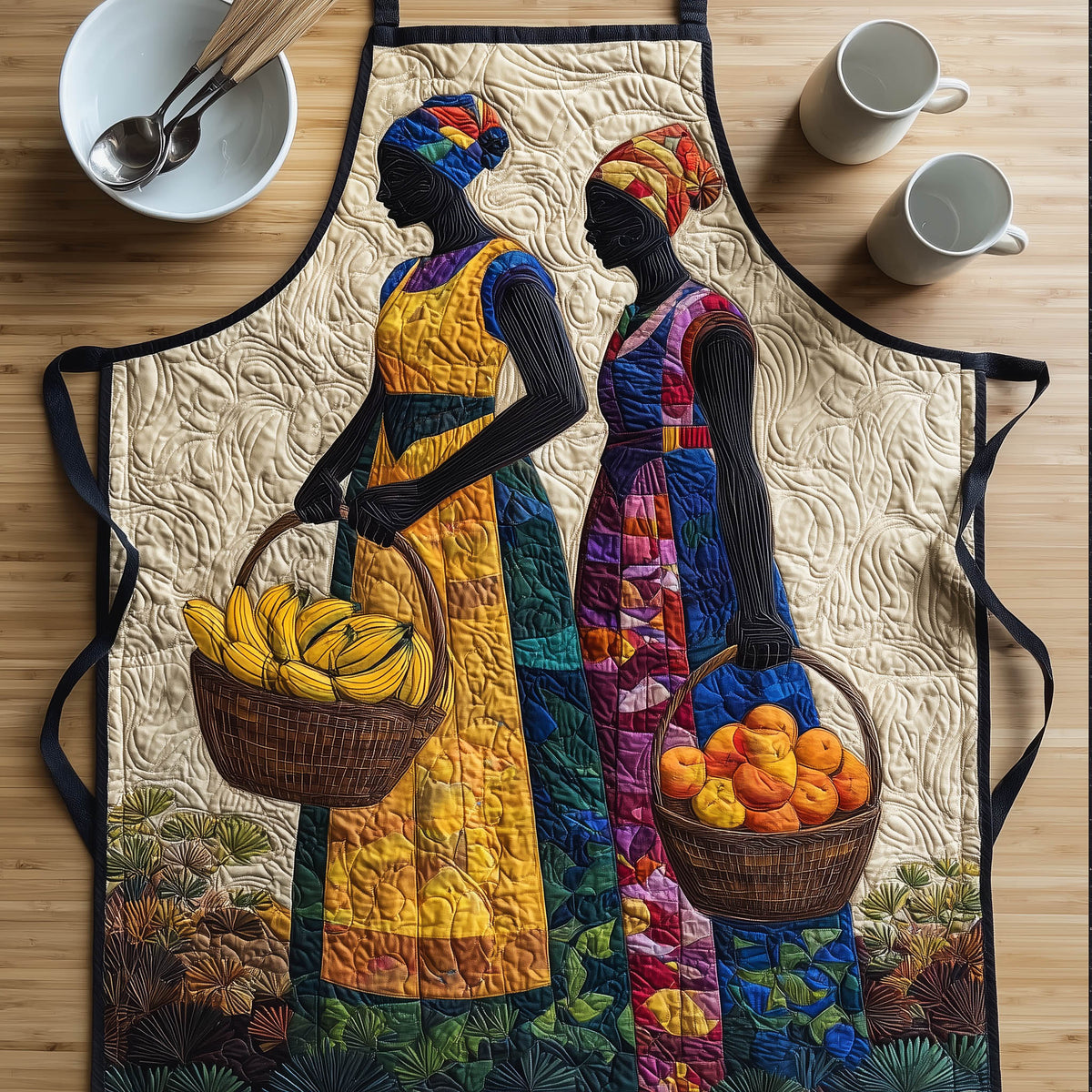 Market Day Sisters quilted apron – women with fruit baskets