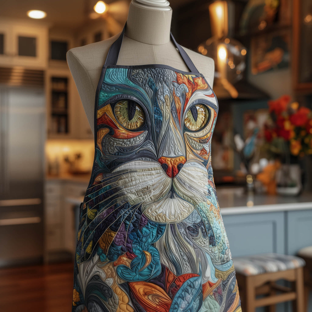 Teal Swirl Cat quilted apron – grey cat with swirls