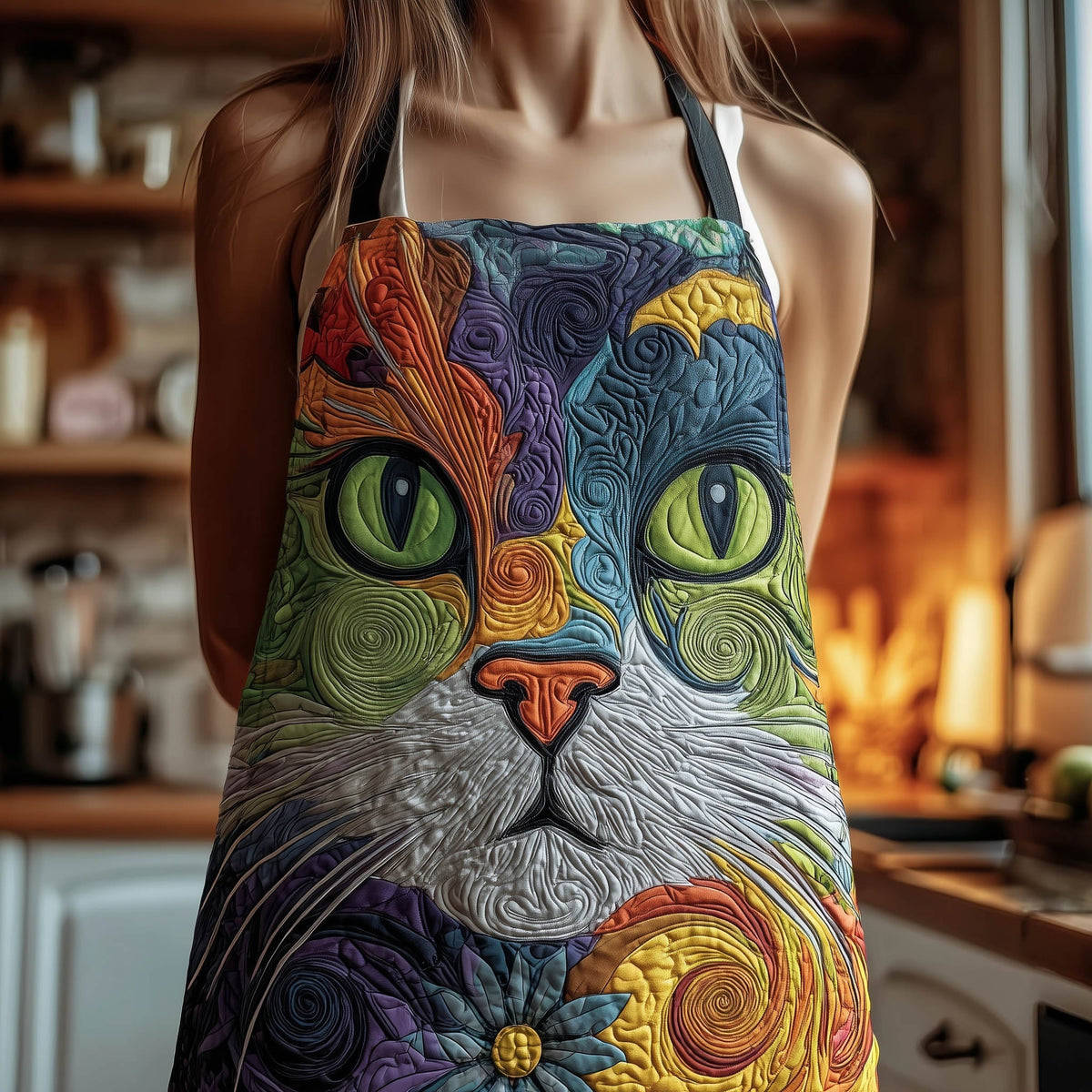 Jewel Swirl Cat quilted apron – jewel swirl cat