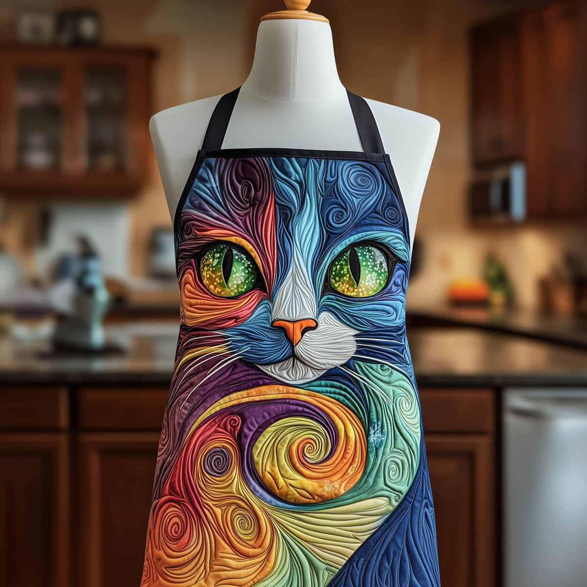 Blue Swirl Cat quilted apron – blue swirl cat