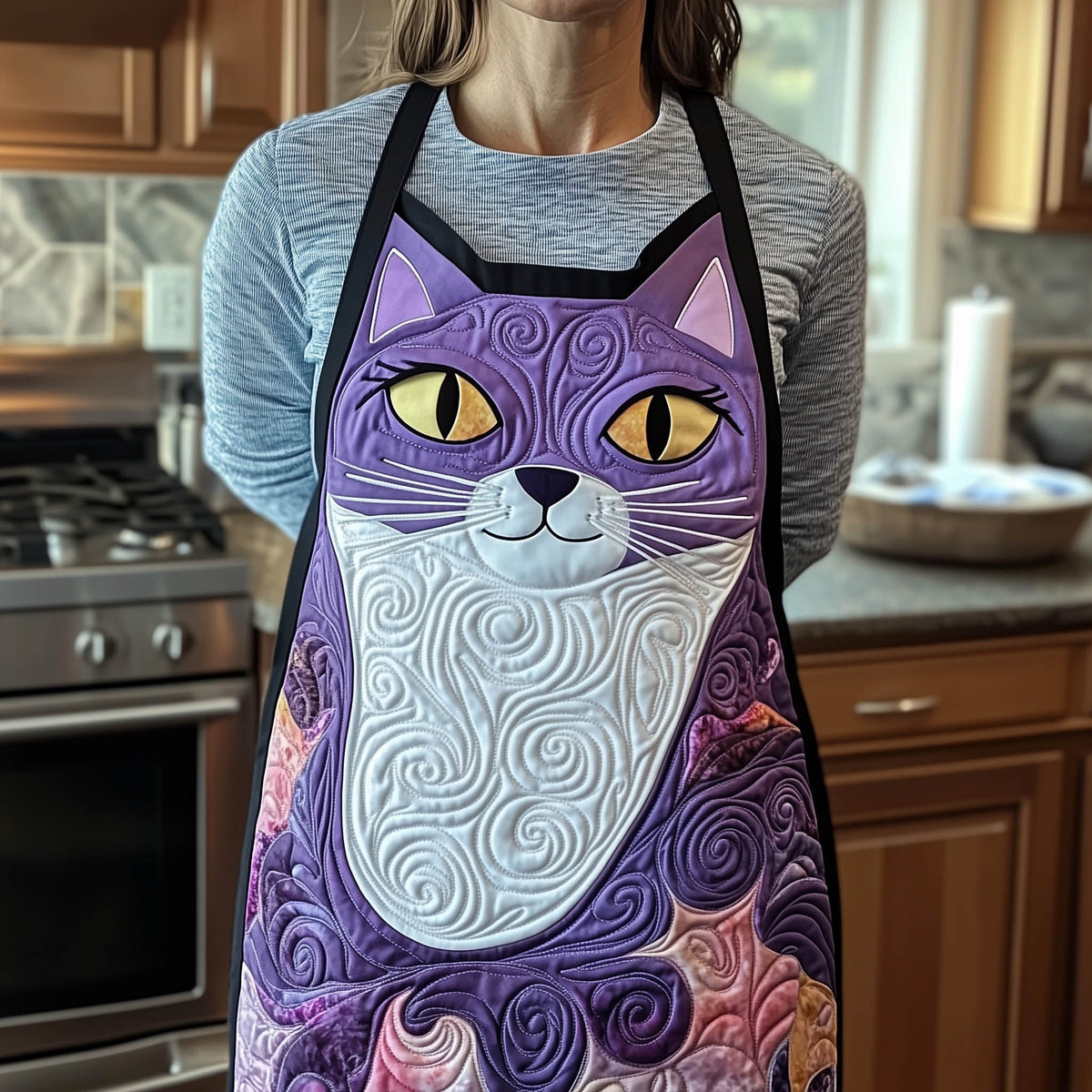 Lavender Kitten quilted apron – lavender cat